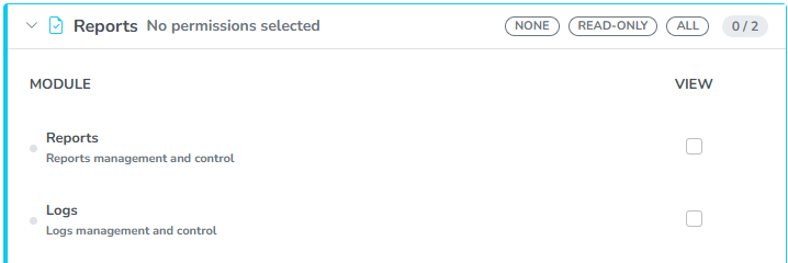 The Reports module, with the Reports and Logs rows