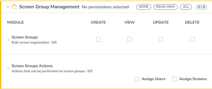 The Screen Group Management module, with the Screen Groups row and the Screen Groups Actions checkboxes