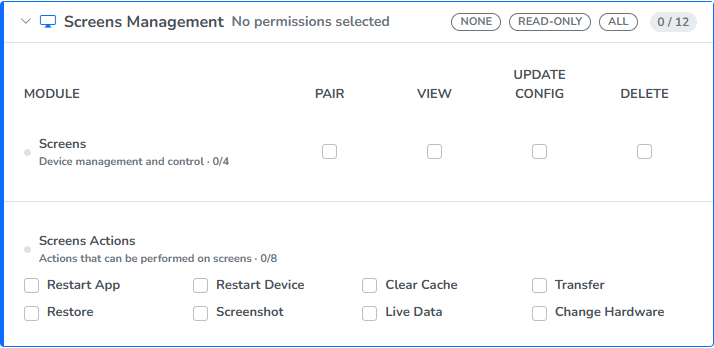 The Screens Management module, with the Screens row and the Screens Actions checkboxes