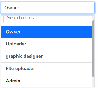 The Reports To field open, listing the existing roles: Owner, Uploader, graphic designer, File uploader and Admin