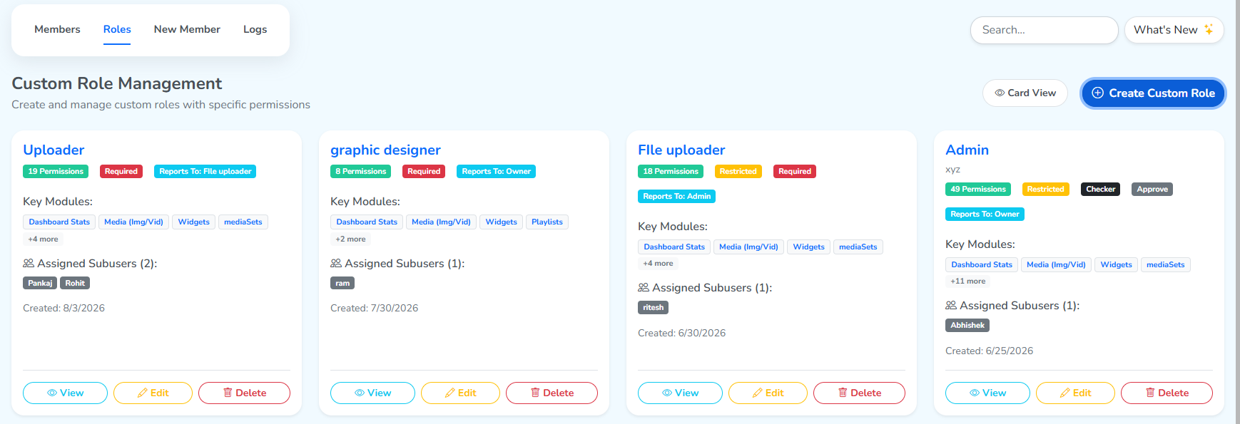 The Roles tab, with the Roles tab and the Create Custom Role button highlighted
