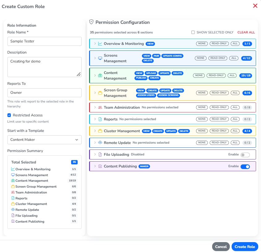 The Create Custom Role panel, with the role name, restricted access, template, permission configuration and Create Role button highlighted