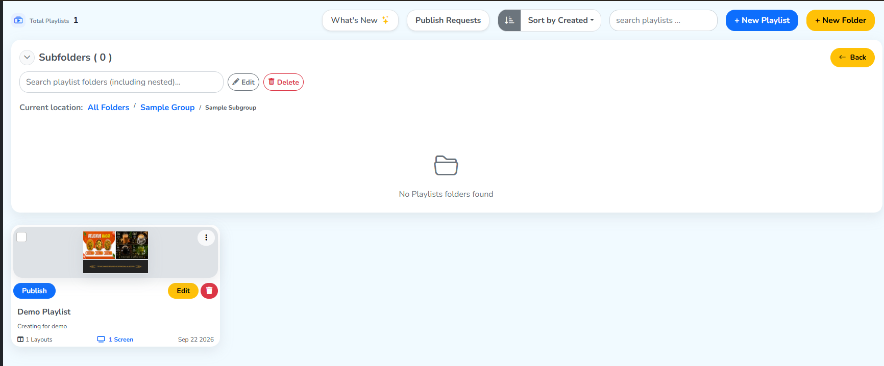The Sample Subgroup folder, with its path breadcrumb and the Demo Playlist tile below it