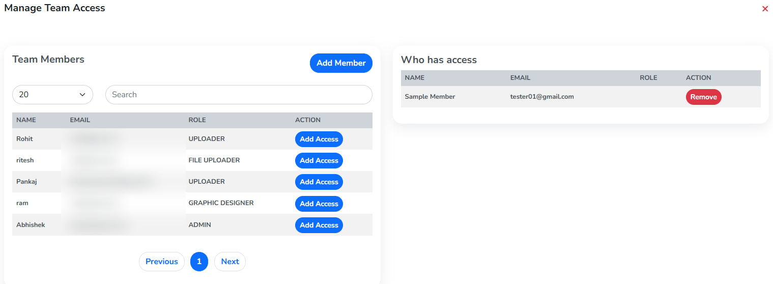 The Manage Team Access panel, with Add Access on a member's row and Sample Member listed under Who has access, every other email blurred