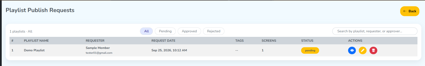 The Playlist Publish Requests panel, with Demo Playlist listed as pending