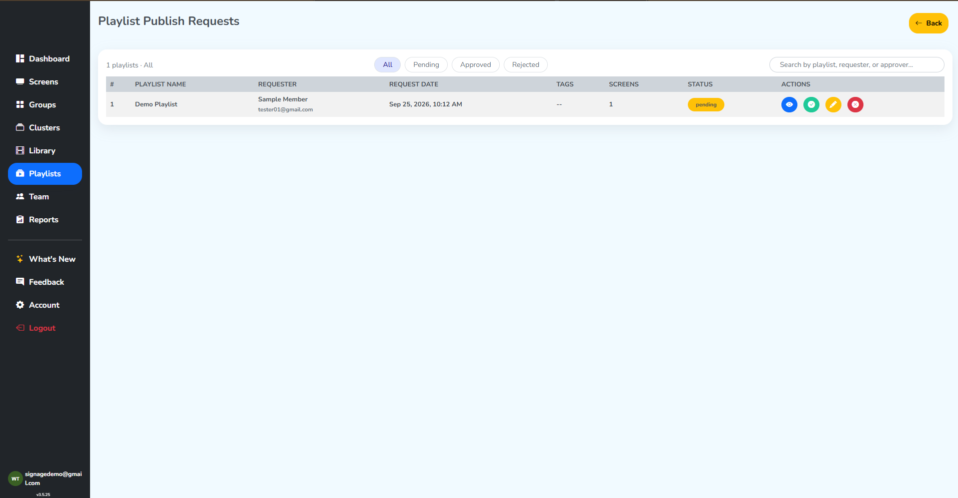 The Playlist Publish Requests panel on the Owner's account, with a green approve icon added to the row's actions