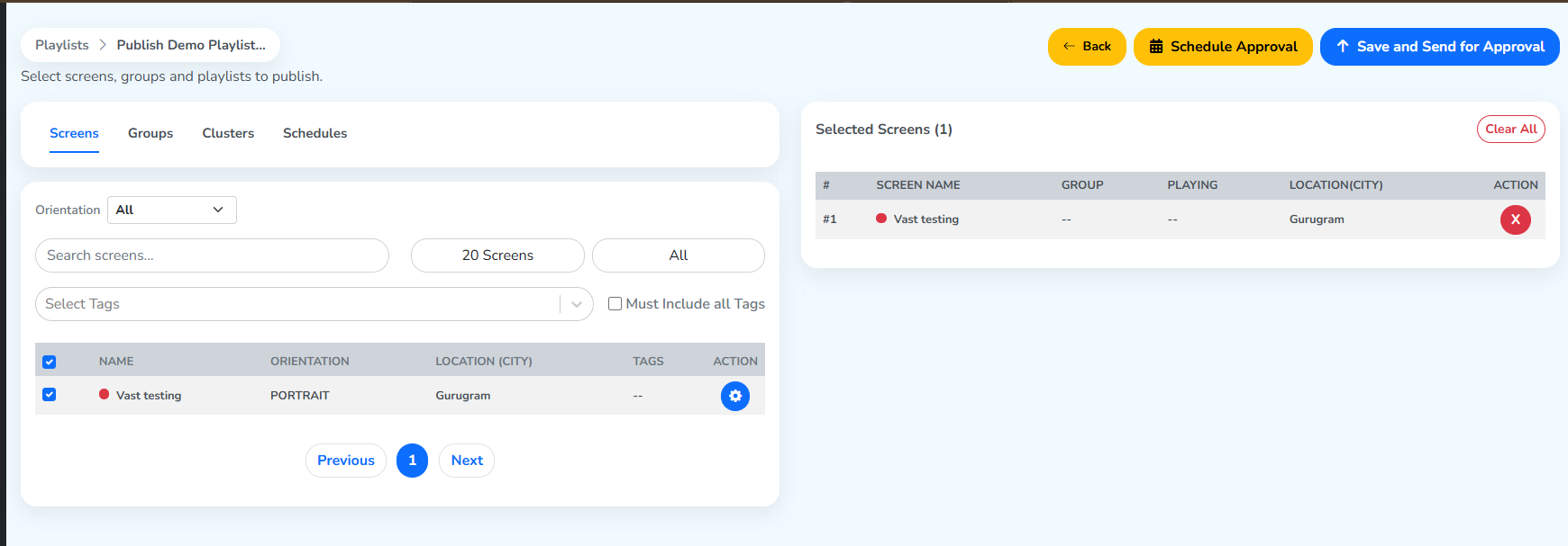 The publish panel, with the Vast testing screen selected and Save and Send for Approval highlighted
