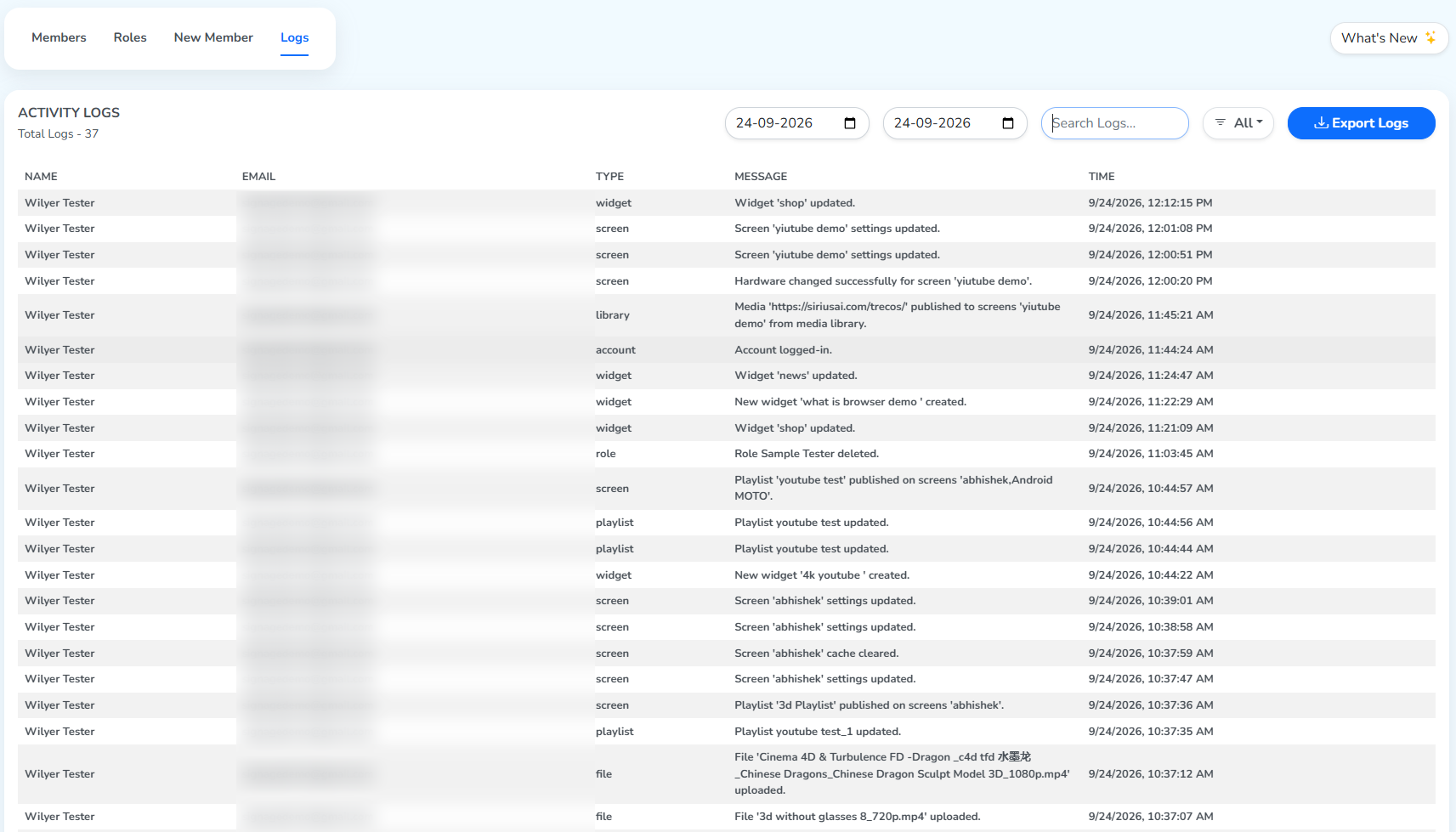 The Logs tab, with the date range, search, type filter and Export Logs highlighted above the activity table, the email column blurred