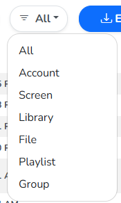 The log type dropdown open, listing All, Account, Screen, Library, File, Playlist and Group