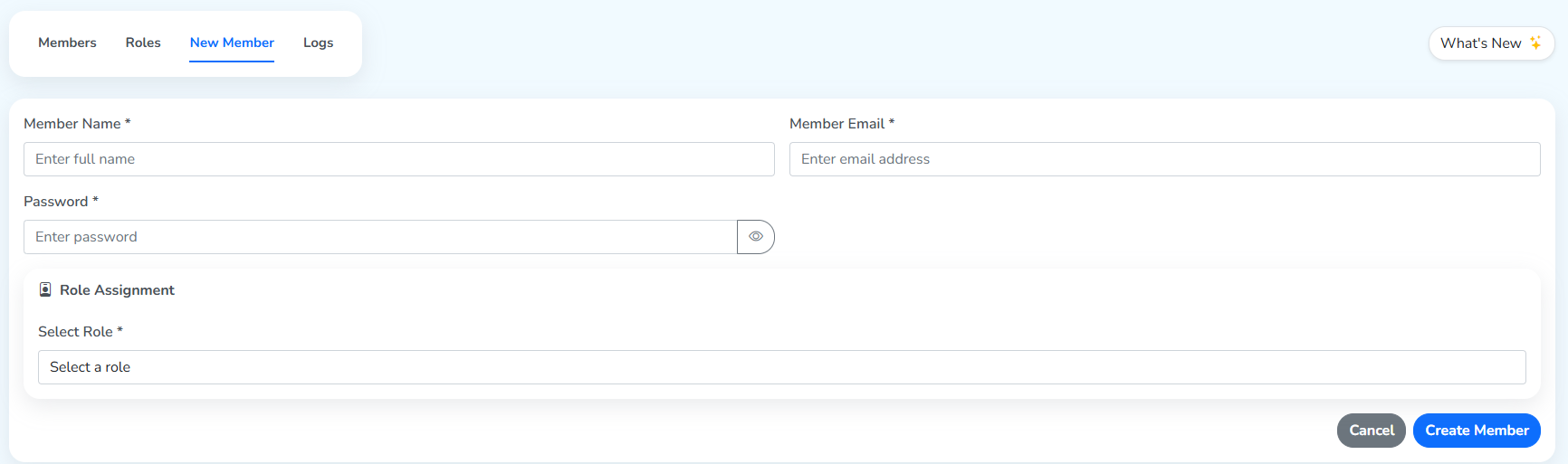 The New Member tab, with Member Name, Member Email and Password fields above Role Assignment and the Create Member button