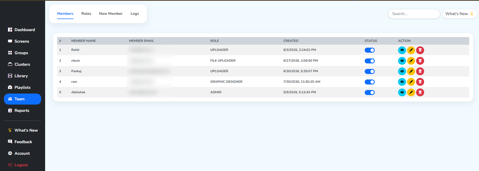 The Team page on the Members tab, with the left panel's Team item and the top section highlighted above the members table