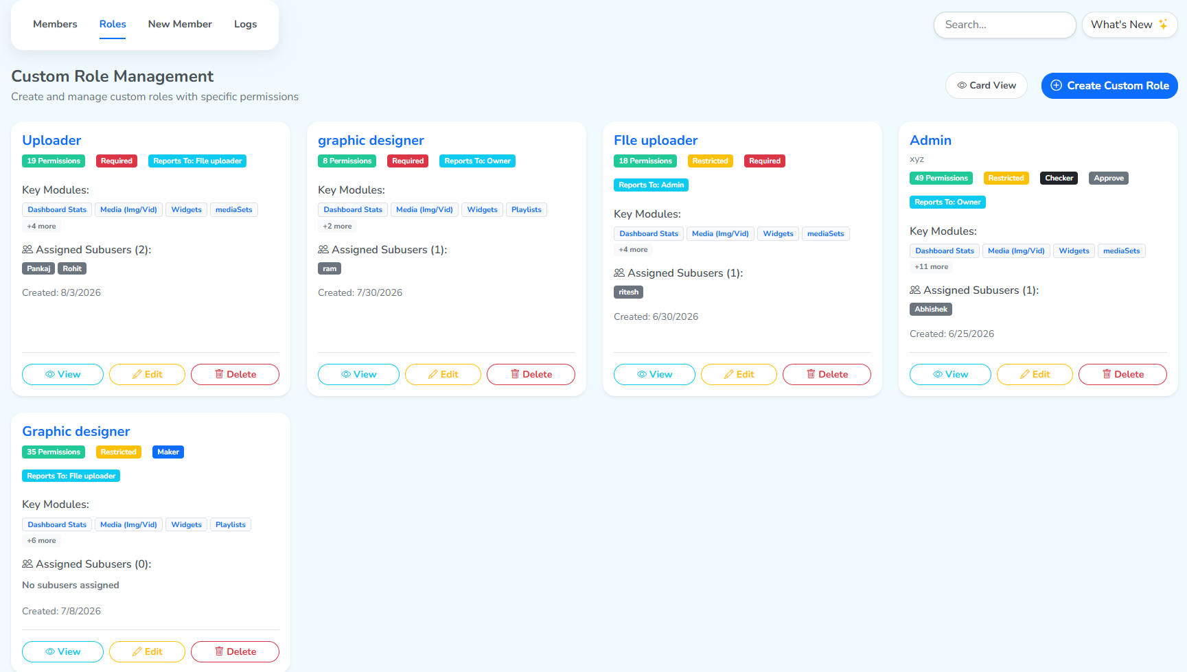 The Roles tab, with a card for every custom role and Card View and Create Custom Role above them